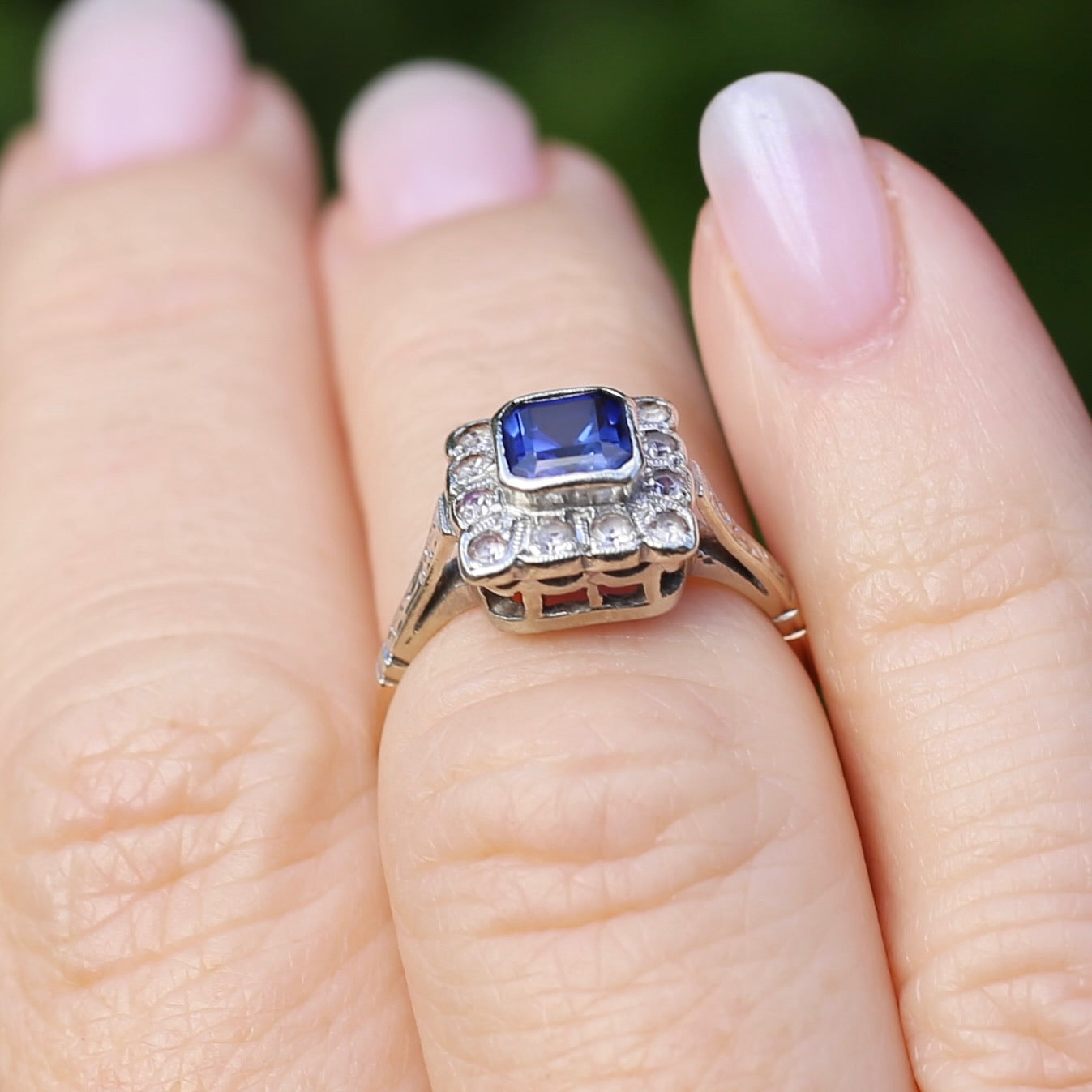 1930s Mixed Metal, Sapphire and White Spinel Halo Ring, 9ct Yellow and White Gold, size J1/2 or 5