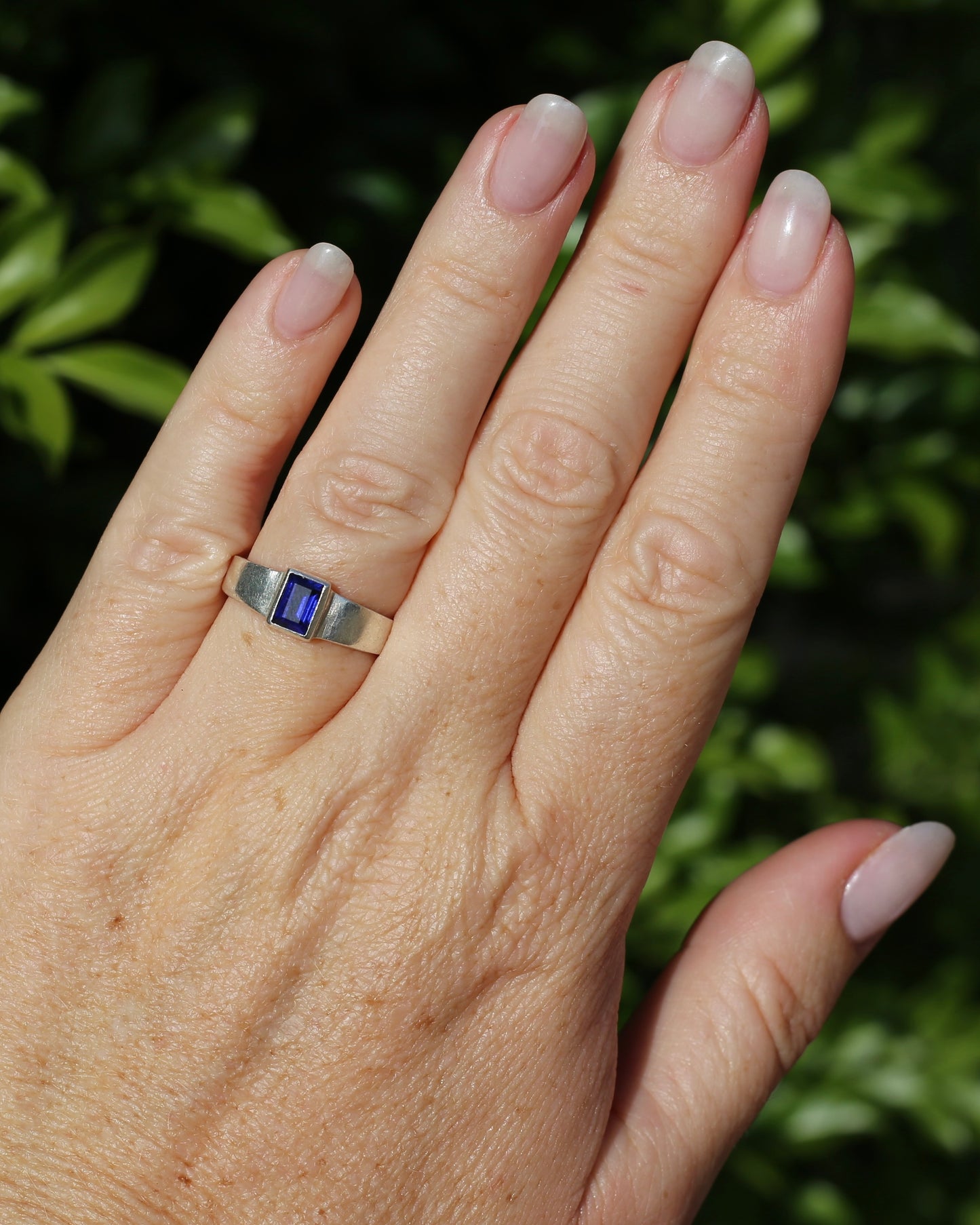 Blue Sapphire (Synthetic) Baguette in Bezel Set Silver Ring, size Q1/2 or 8.25 (fits more like a P1/2), 3.5g