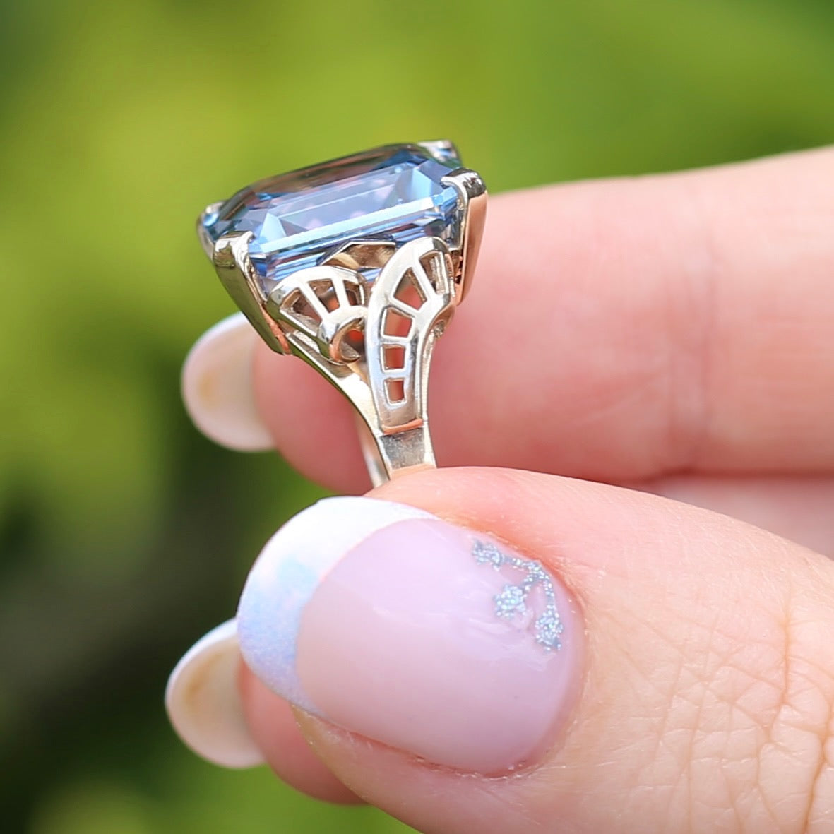 Mid Century Emerald Cut Blue Spinel Cocktail Ring, size N1/2 or 6.75