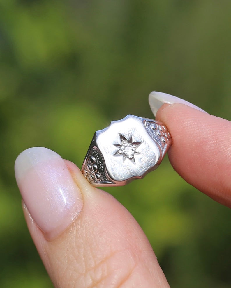Vintage Shield Signet With Old Cut Diamond, 18ct White Gold, size N or just over 6.5 (fits more like an L1/2-M due to width), 6.86g