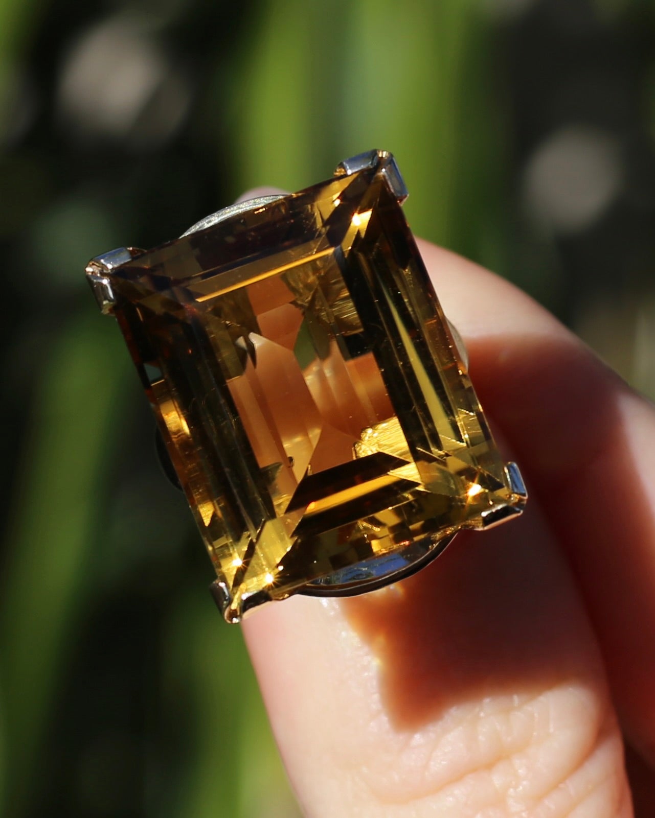 35ct Rectangular Step Cut Vivid Citrine in Chunky Vintage 9ct Yellow Gold Ring, size N1/2 or 7, 15.12g