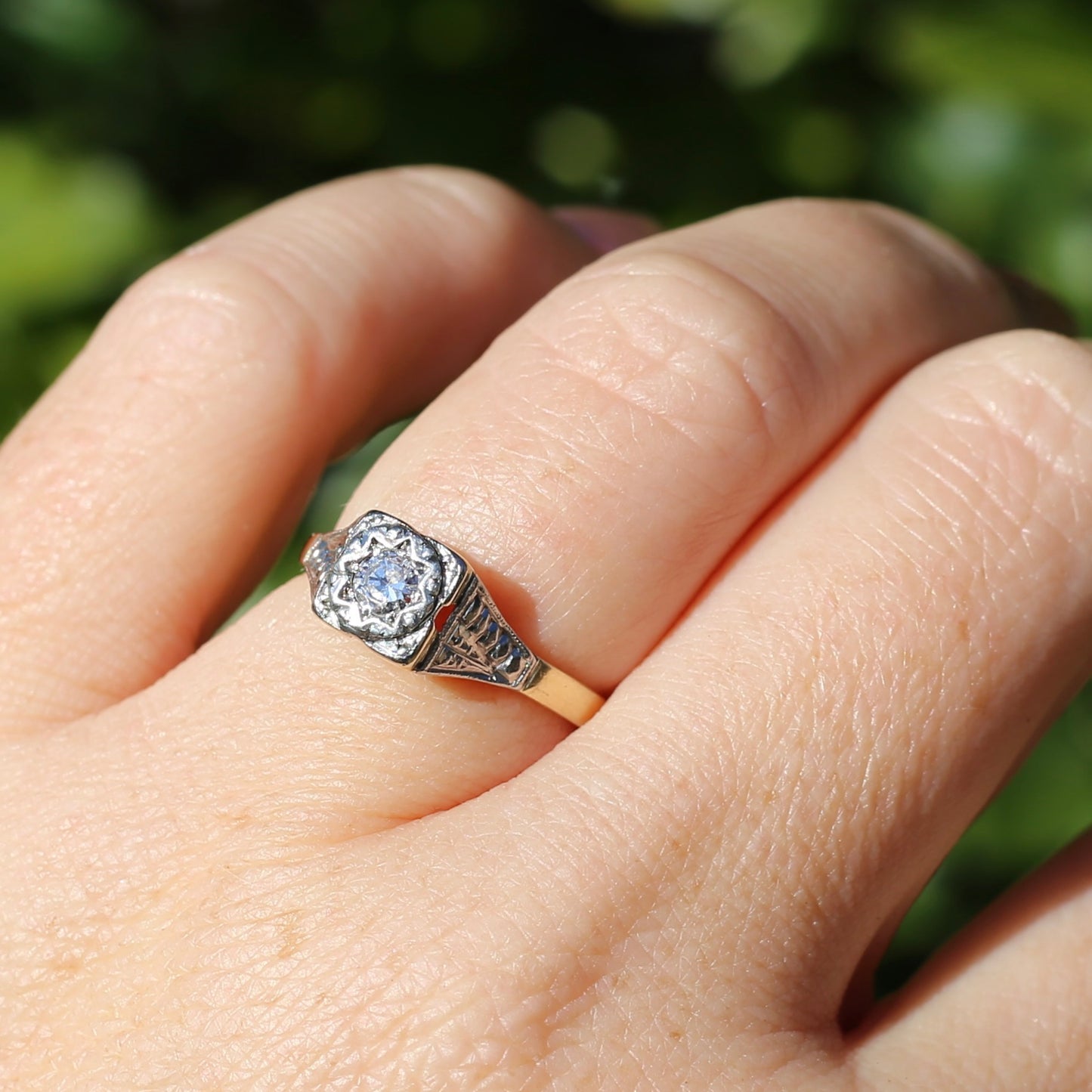 1930s Art Deco Inspired Platinum and 18ct Gold Solitaire Ring, size N or almost 6.75