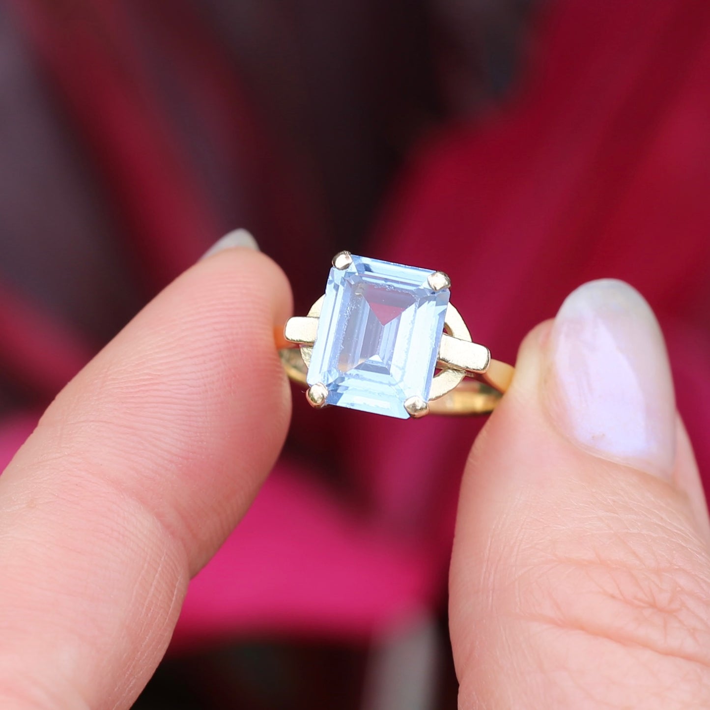 Emerald Cut Synthetic Blue Spinel in Gorgeous Art Deco Setting, 14ct Yellow Gold, size O or 7.25