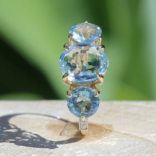 Natural Aquamarine Trilogy with Grain Set Diamond Shoulders, 9ct Yellow Gold, size 6.5 or M1/2