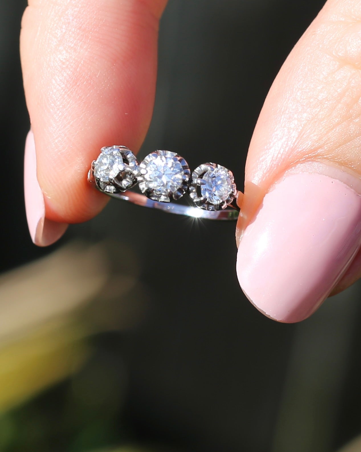 Circa 1930s Transitional Cut Diamond Trilogy with Kozibe Effect, Platinum, size L or 5.75, 2.68g, with valuation