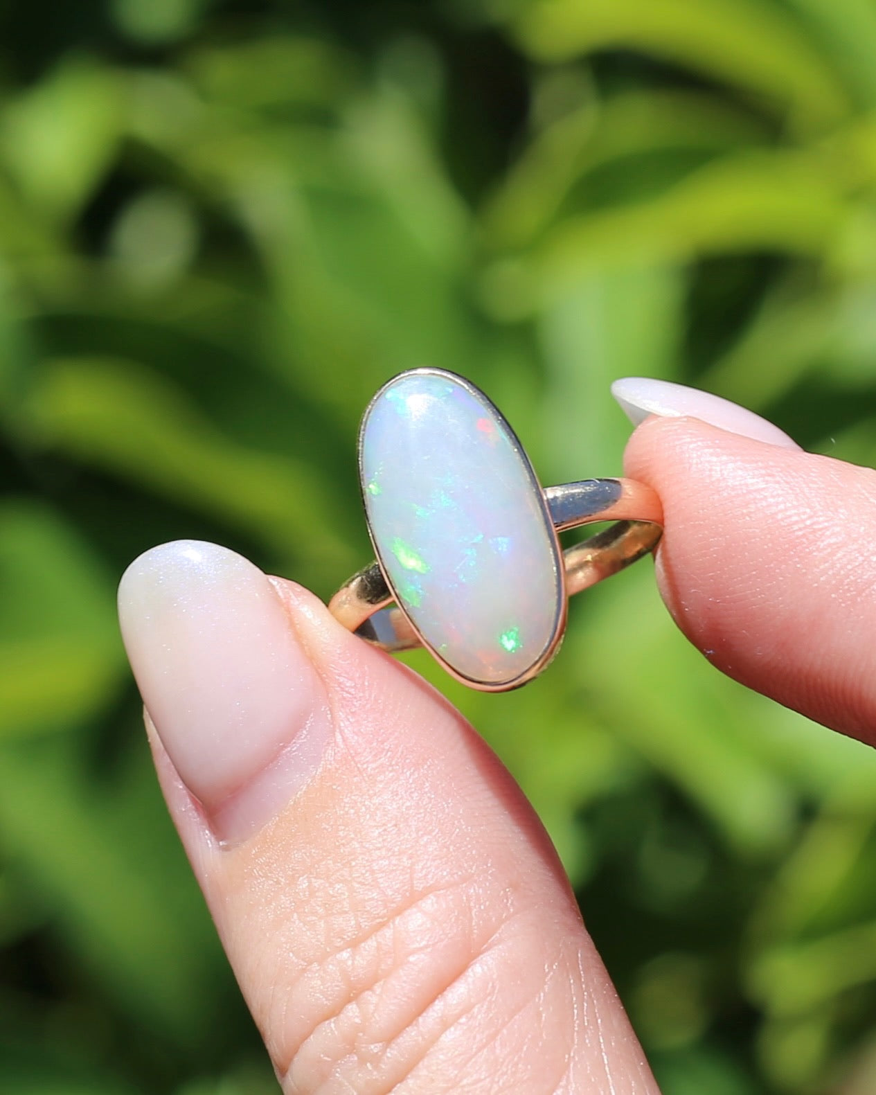 Crystal Opal Cabochon, Low Profile, in Bezel Set 9ct Yellow Gold, size T1/2 or 9.75