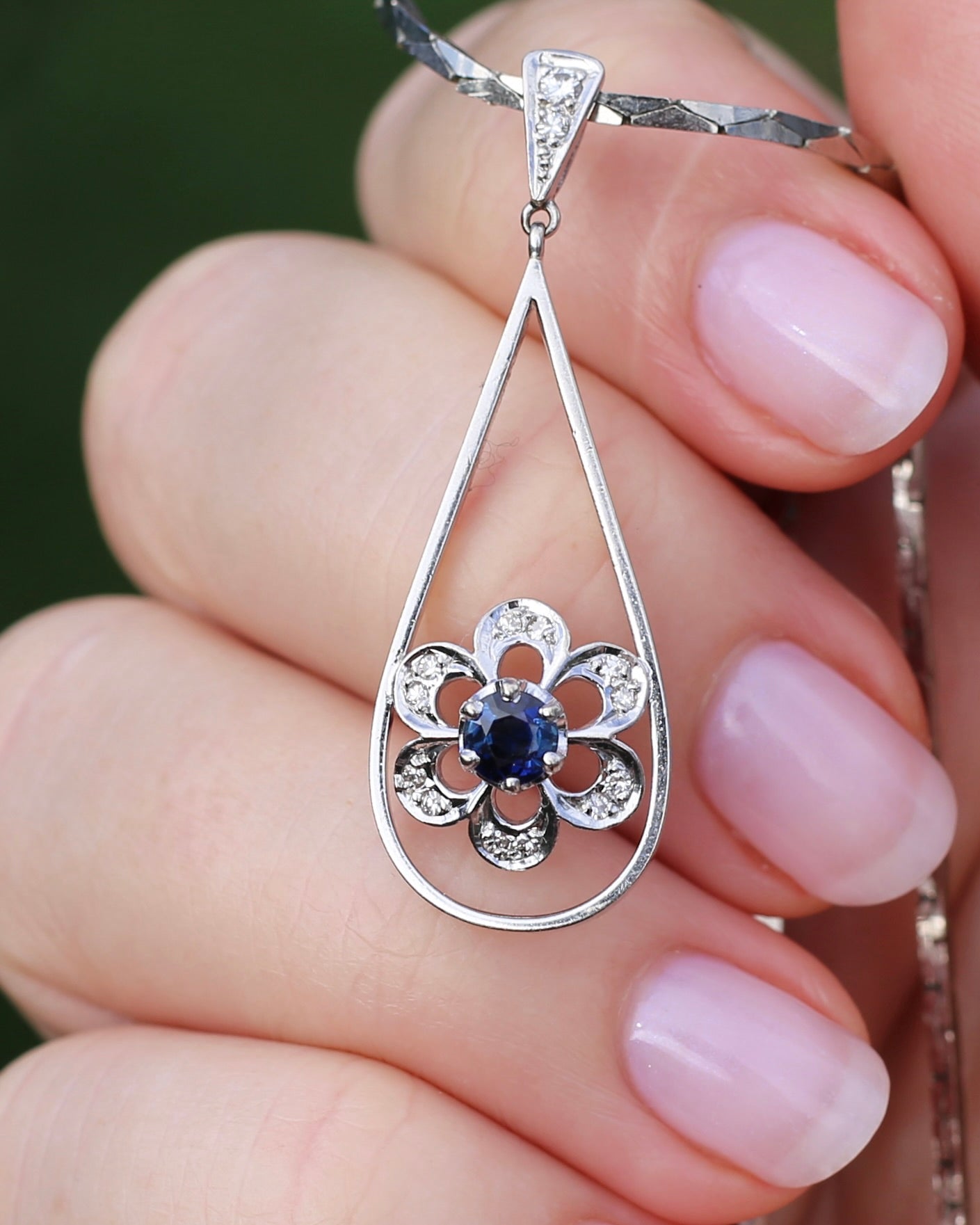 Vintage Natural Sapphire and Diamond Pendant, 18ct White Gold, 2.64g