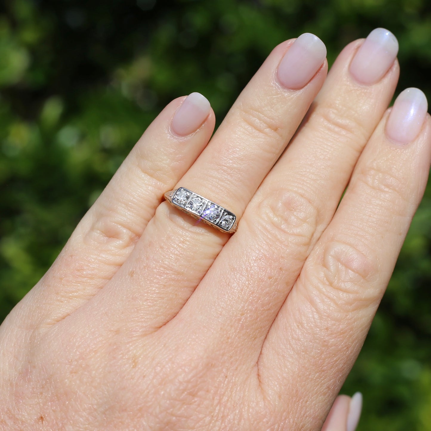 1930s 4 Stone Transitional Cut Diamond Mixed Metal Ring, 18ct Yellow Gold & Platinum, size M or just bigger than 6