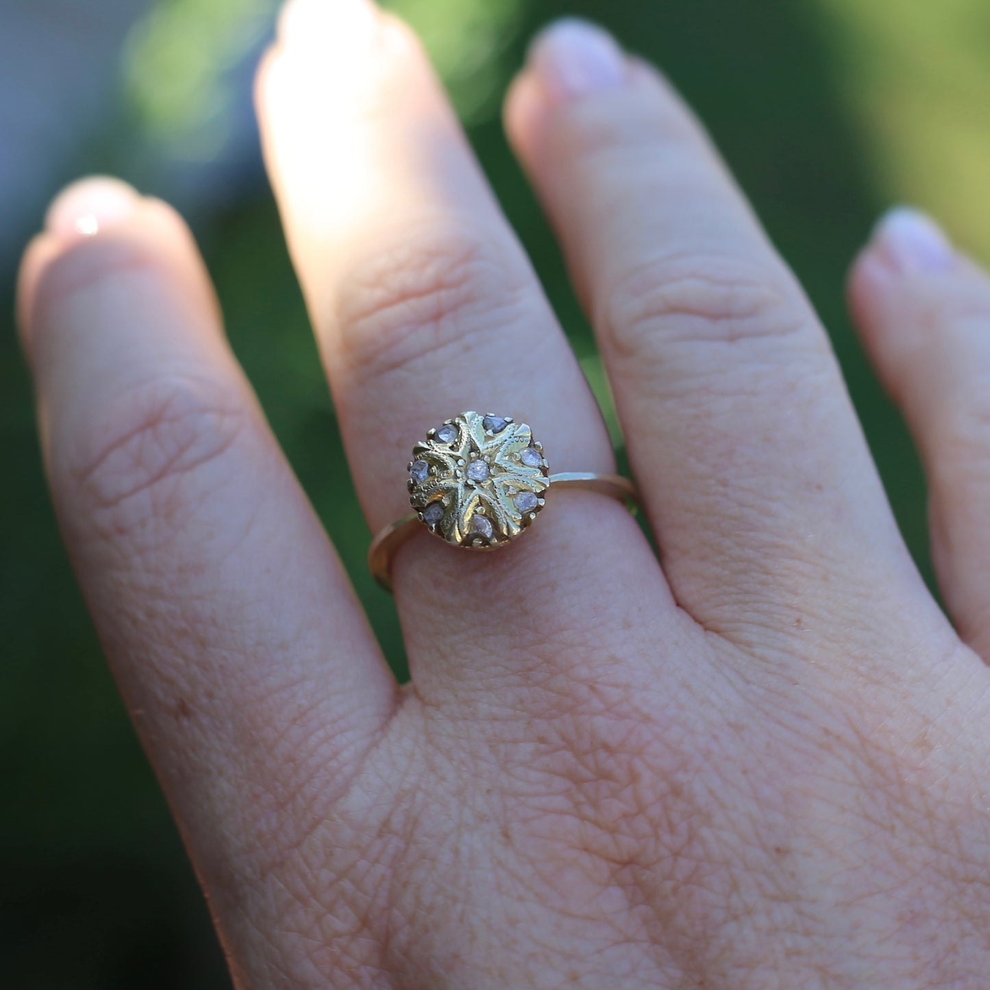 Rustic Handmade Likely Victorian Rose and Table Cut Diamond & Quartz Ring, approx 12ct Yellow Gold, size T or 9.5