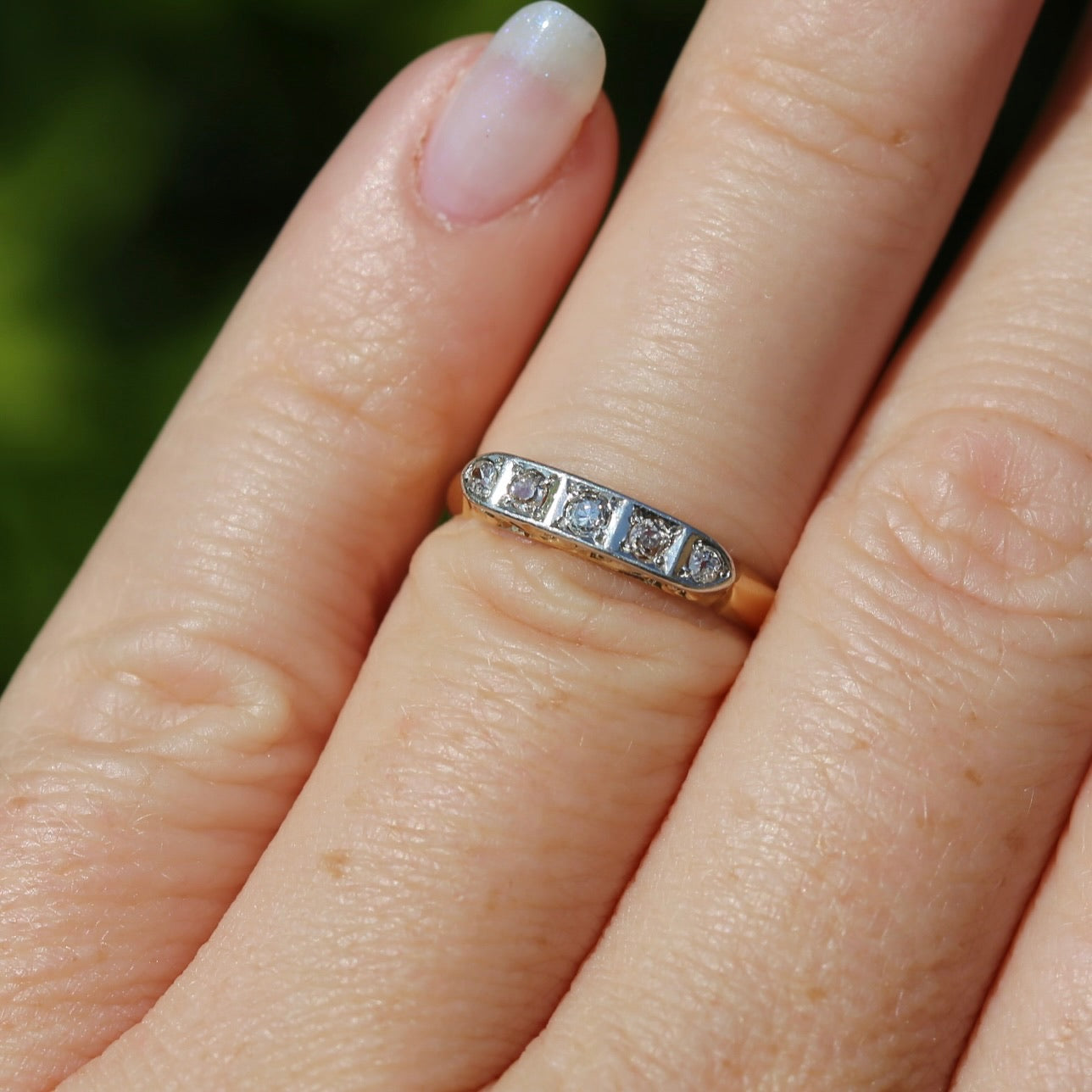 1930s Old Cut 5 Stone Diamond Ring, Platinum and 18ct Yellow Gold, size L or 5.75