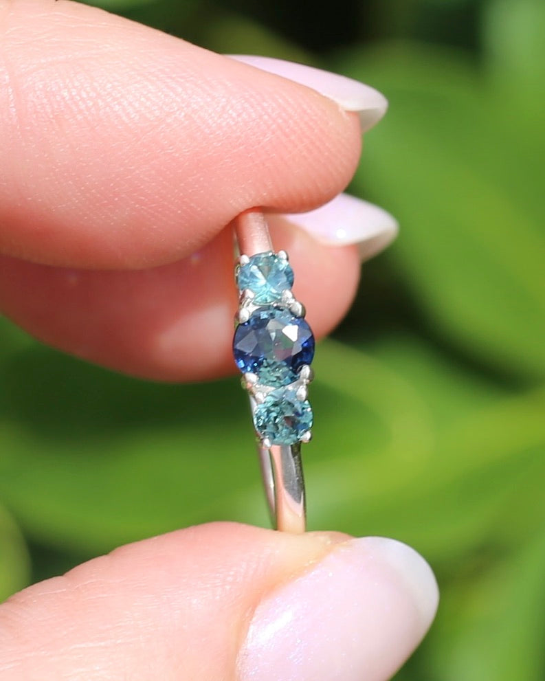 0.85ct Natural Parti Sapphire Trilogy Ring, Sterling Silver, size Q or 8.25, 1.98g