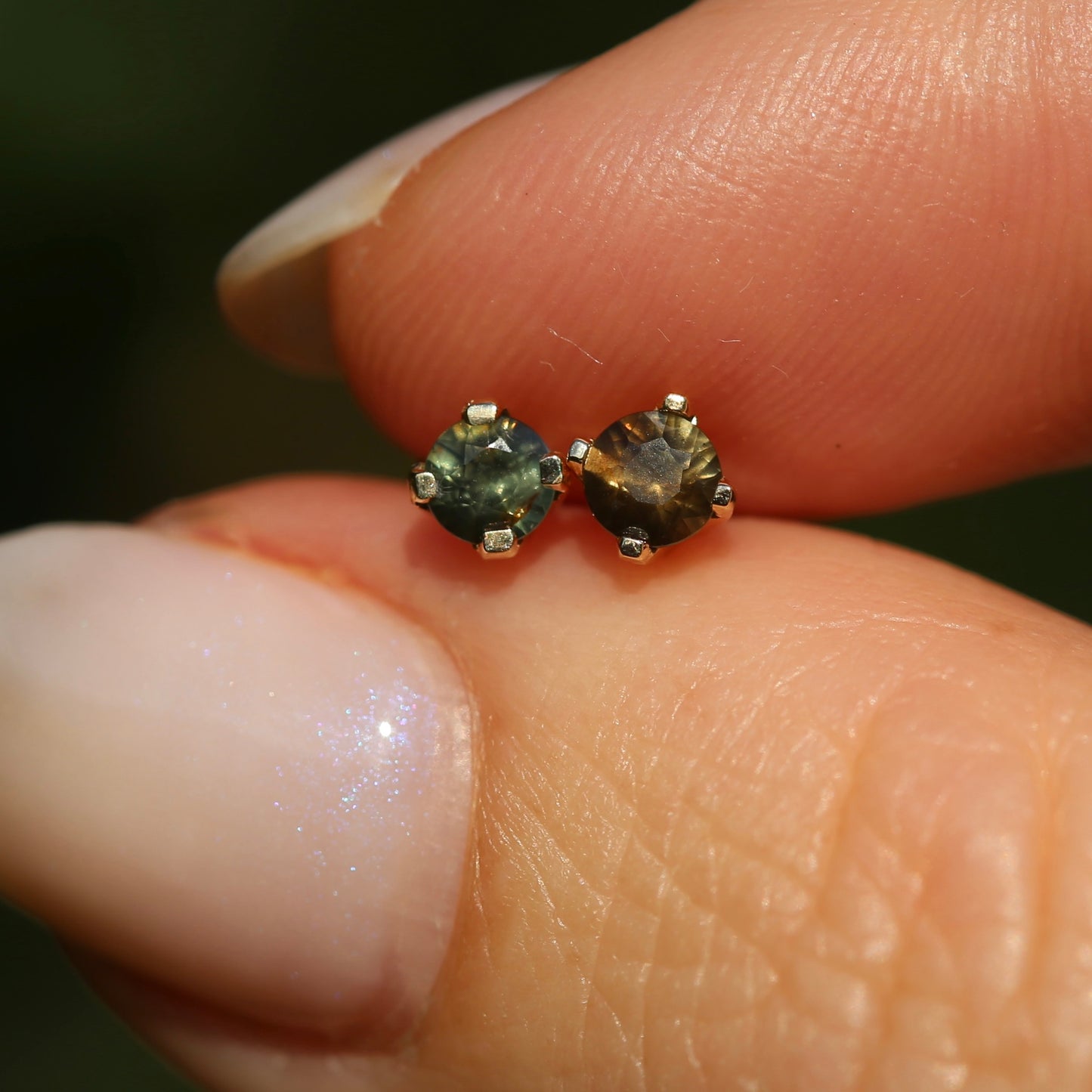 3.5mm Sapphire Stud Earrings, Green Brown, 4 claw 9ct Yellow Gold