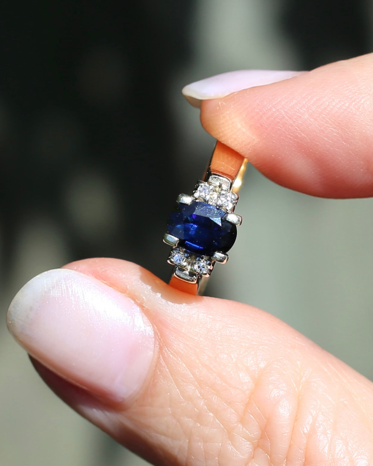 Circa 1970s Natural Sapphire and Diamond Ring, 9ct Yellow and White Gold, size M or 6.25, 4.19g
