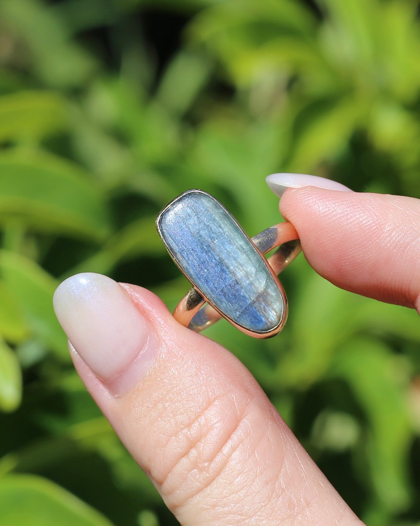 Rustic Freeform Labradorite Cabochon in Bezel Setting, 9ct Yellow Gold, size X1/2 or 11.75