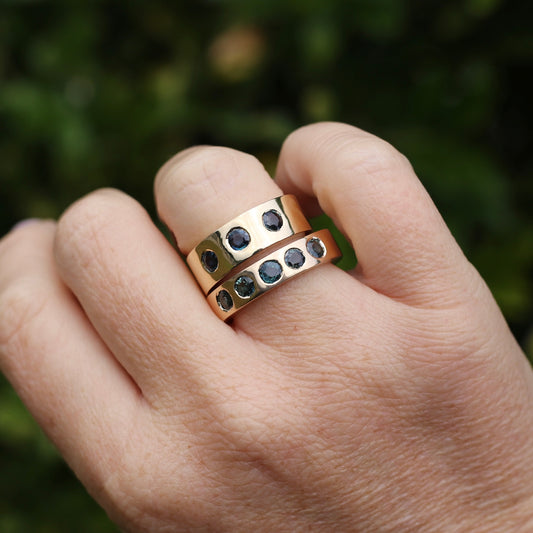 Custom Reclaimed Gold Chunky 9ct Rings with 4mm Parti Sapphires