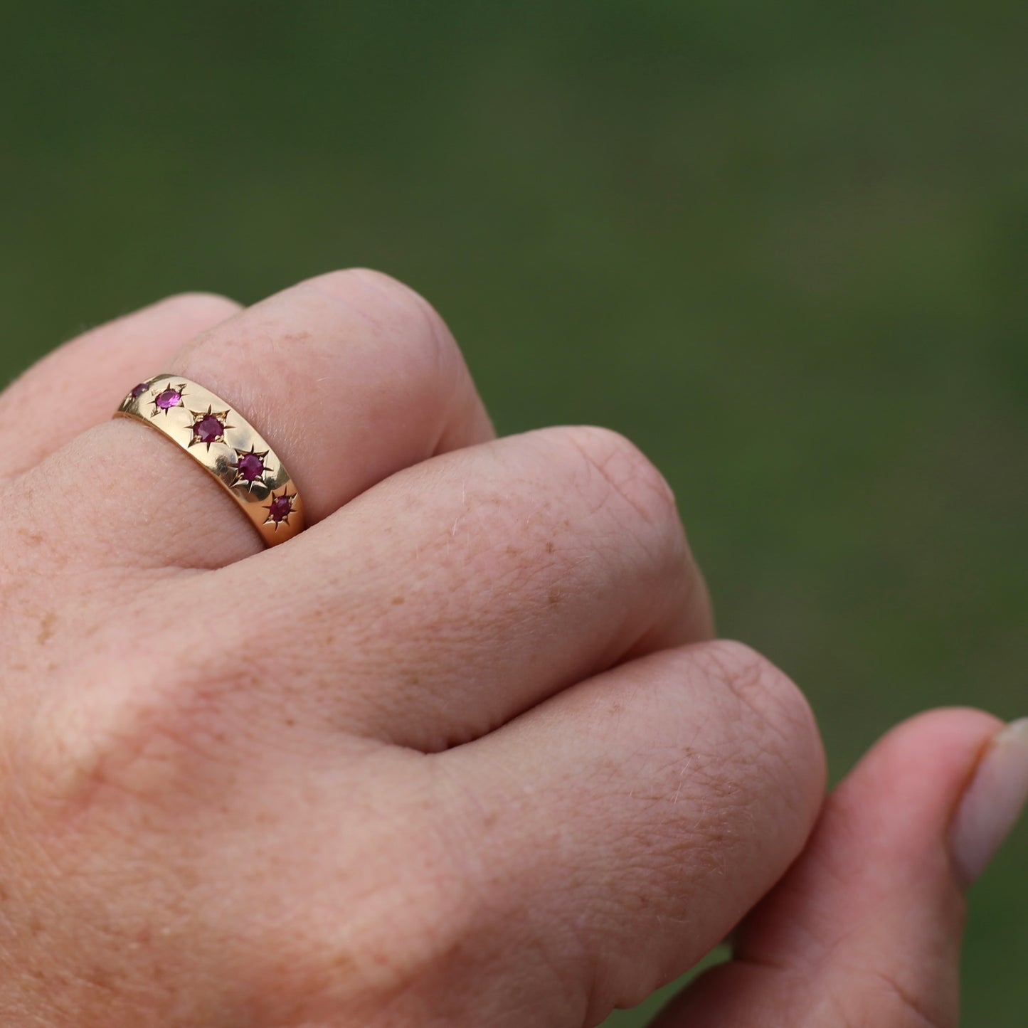 Antique 1891 Five Stone Star Set Old Cut Ruby Ring, 15ct Rosey Gold, size N- N1/2 or 6.75