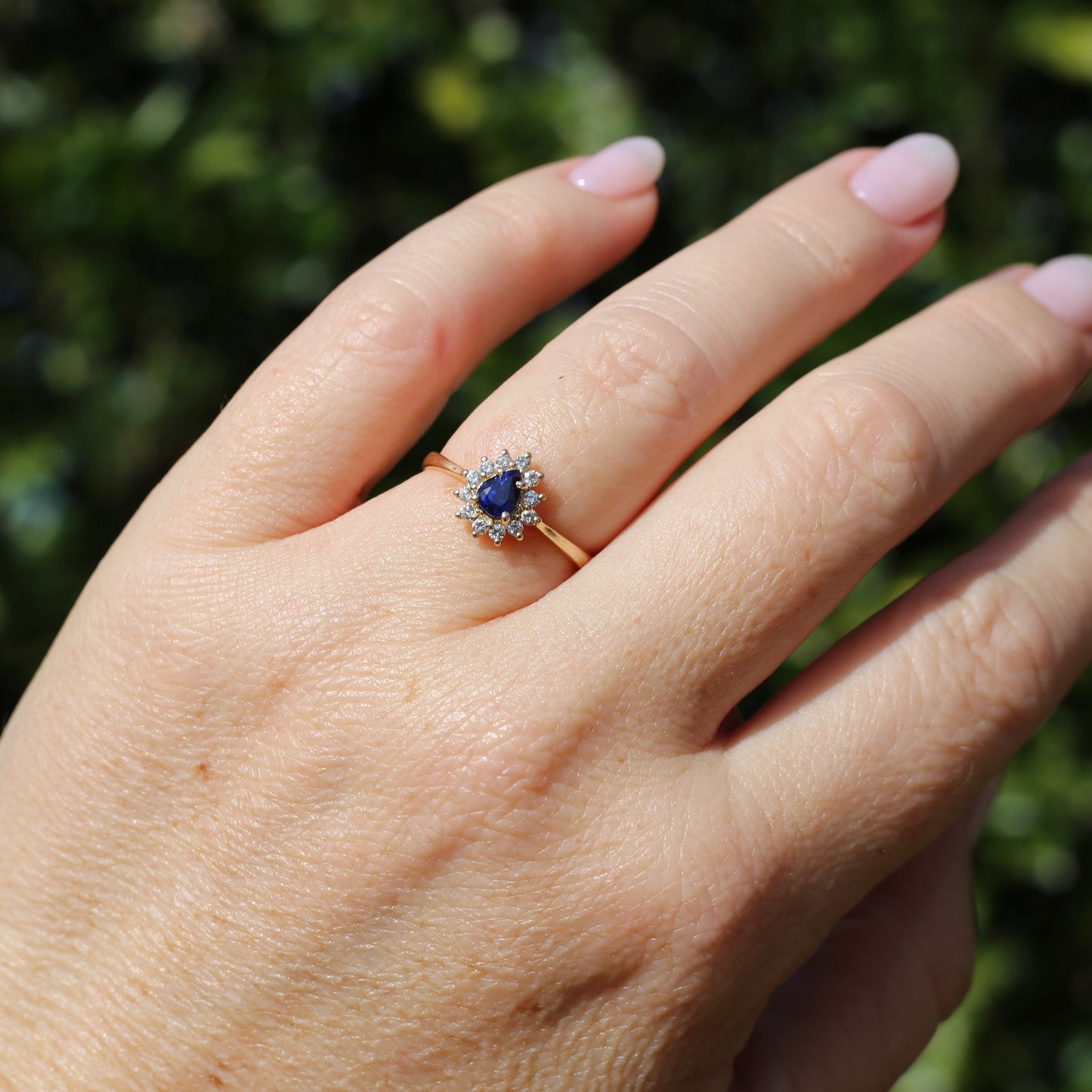 Pear Shaped Sapphire with Halo, 14ct and 18ct Yellow Gold, size 7 or just under O