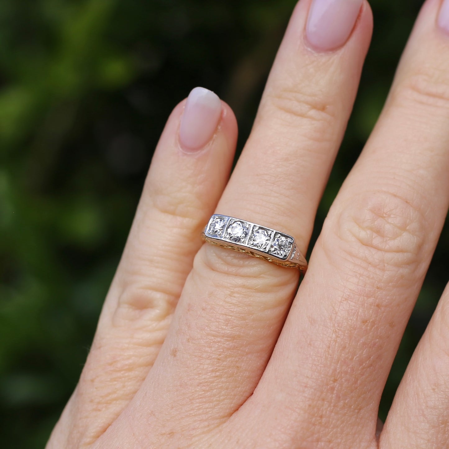 1930s 4 Stone Transitional Cut Diamond Mixed Metal Ring, 18ct Yellow Gold & Platinum, size M or just bigger than 6