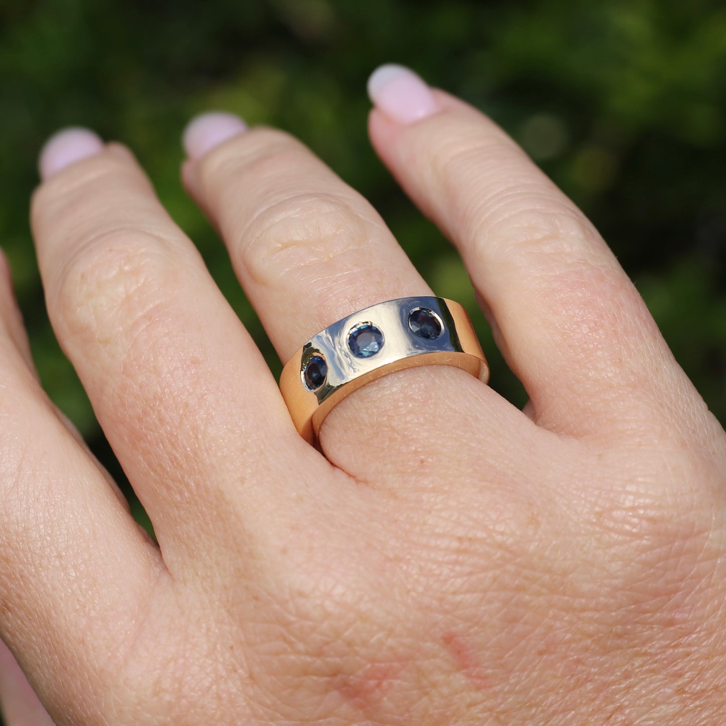 Custom Reclaimed Gold Chunky 9ct Rings with 4mm Parti Sapphires