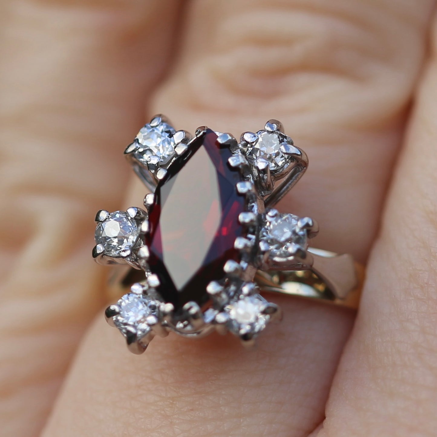 Viking feel Marquise Garnet With 6 Transitional Cut Diamonds, 18ct White and Yellow Gold, size N1/2 or 7