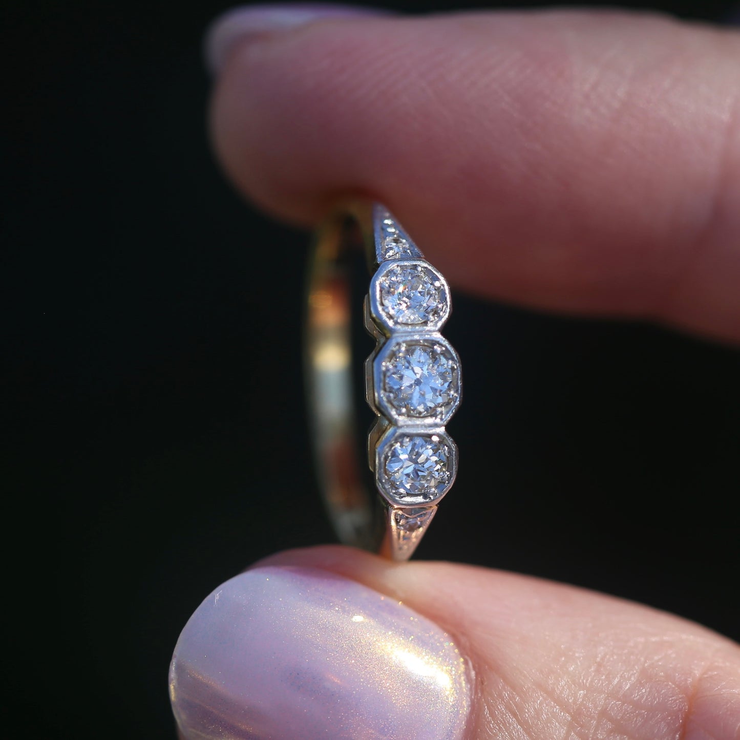 1930s Old and Transitional Cut Diamond Trilogy, 18ct Yellow and White Gold, size N or 6.75