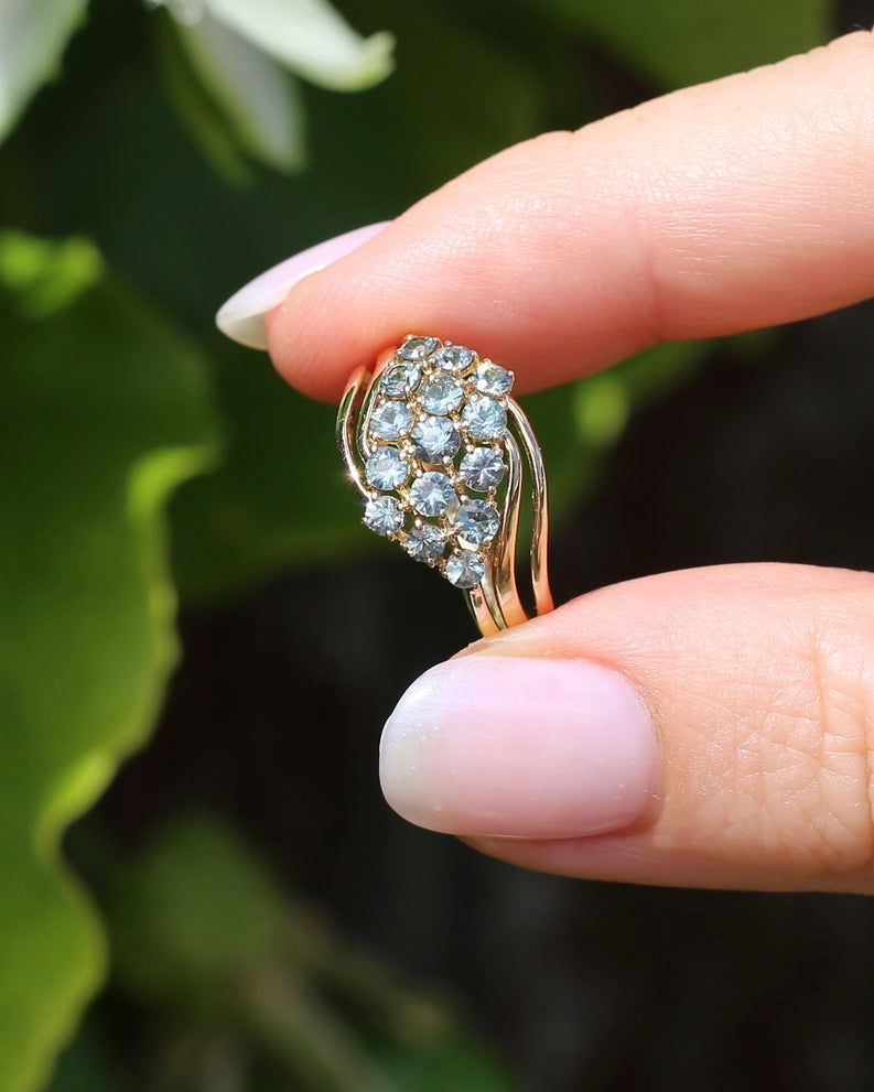 Pale Blue Parti Sapphire Bypass Cluster Ring, 9ct Yellow Gold, size P1/2 or 7.75, 2.75g