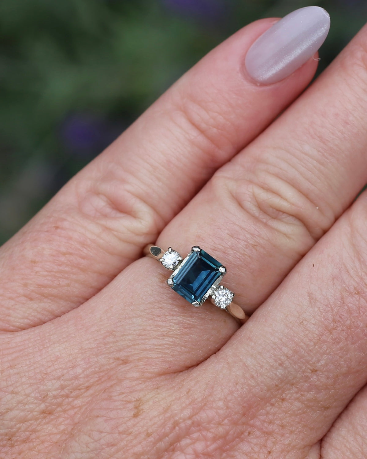 1.1ct Emerald Cut Natural Blue Teal Sapphire and Diamond Trilogy, 18ct White Gold and Platinum, size O or just over 7, 2.27g