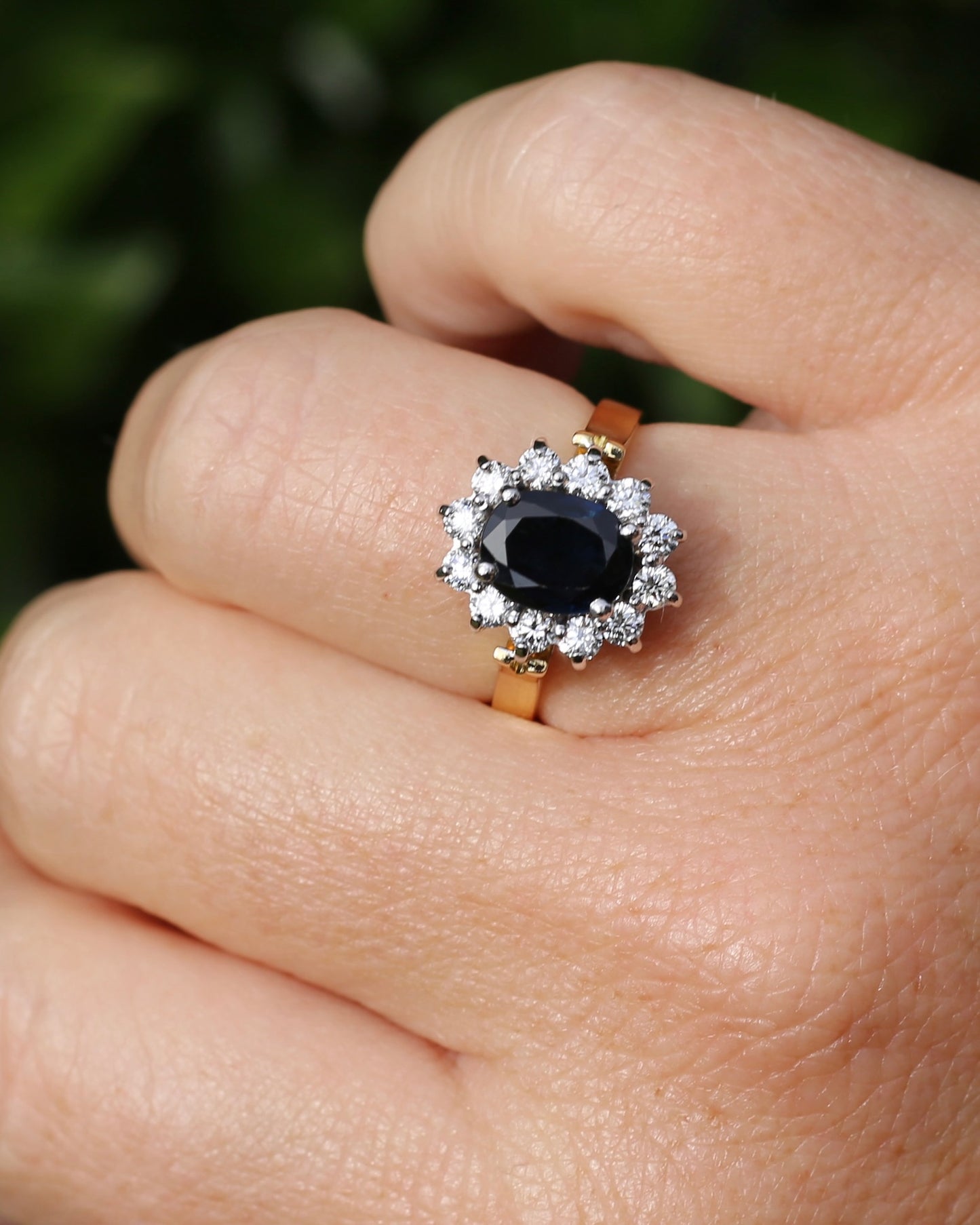 Vintage c1980s Diana Halo, Natural Sapphire and Diamond Halo, 18ct Yellow and White Gold, size P or 7.75 with valuation