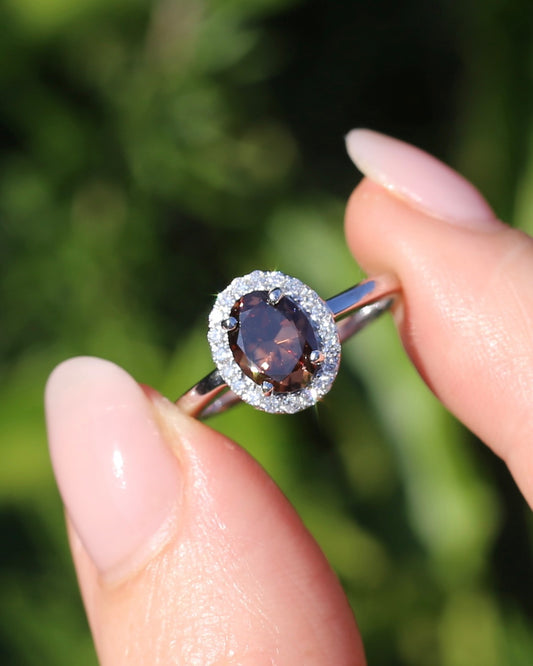1.82ct Chocolate Australian Zircon with Diamond Halo, 14ct White Gold, size N or 6.75, 3.34g