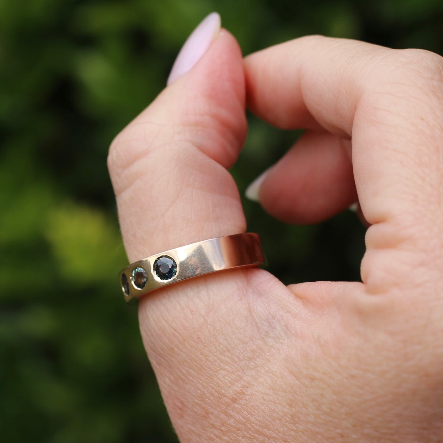 Custom Reclaimed Gold Chunky 9ct Rings with 4mm Parti Sapphires