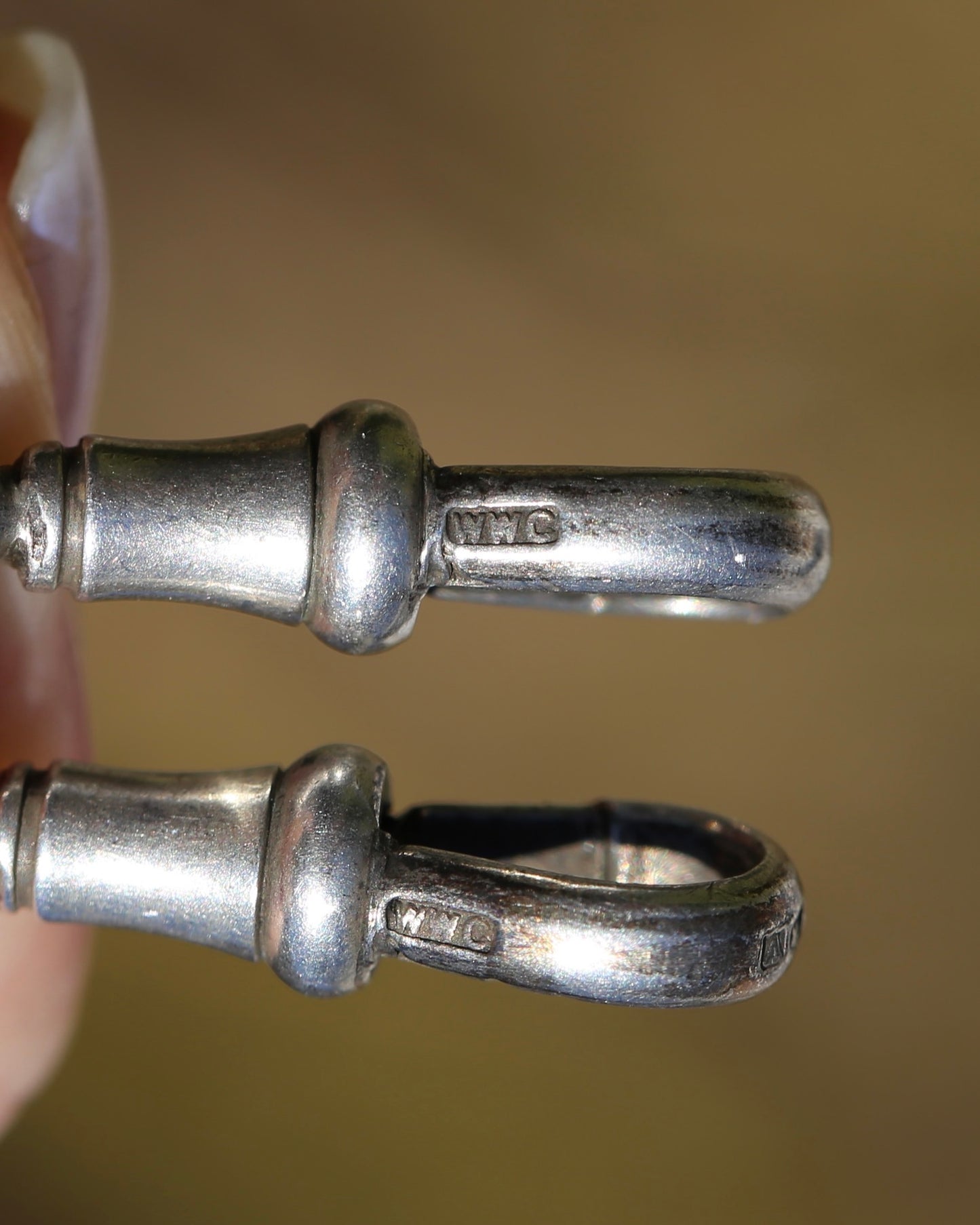 Antique 1920 Birmingham Made Double Graduated Watch Chain, Sterling Silver (and Rose Gold Face) T-Bar and Fob, 38.5cm, 53g