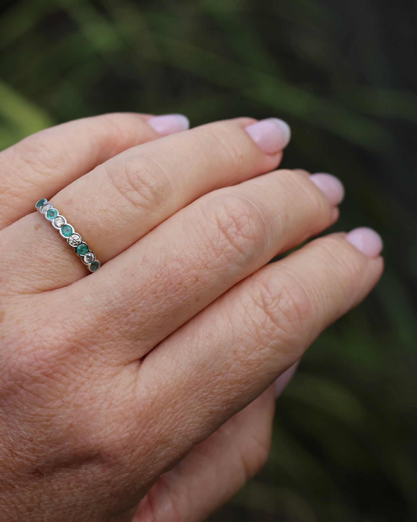 Natural Emerald and Diamond Half Hoop, 9ct Yellow and White Gold, size O or 7.25, 1.76g