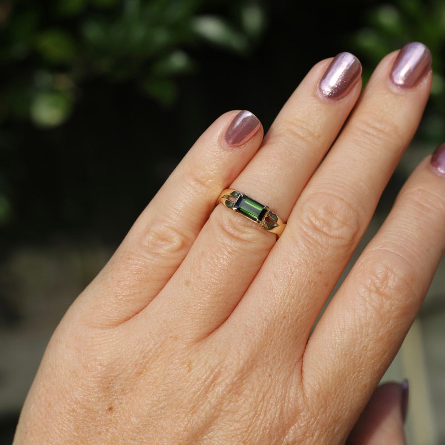 East West Set Emerald Cut Dark Green Natural Tourmaline Ring, 9ct Yellow Gold, size L or 5.75