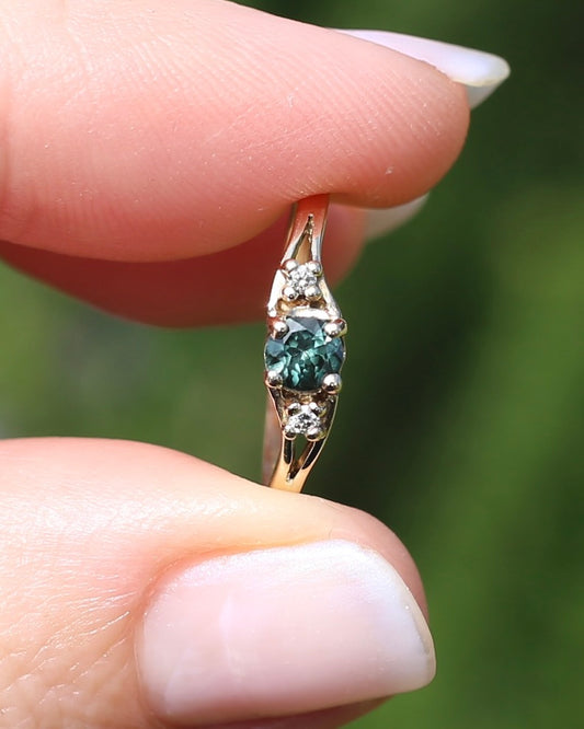 Vintage Natural Teal Sapphire with Diamond Trilogy, 9ct Yellow Gold, size L1/2 or 6, 1.3g