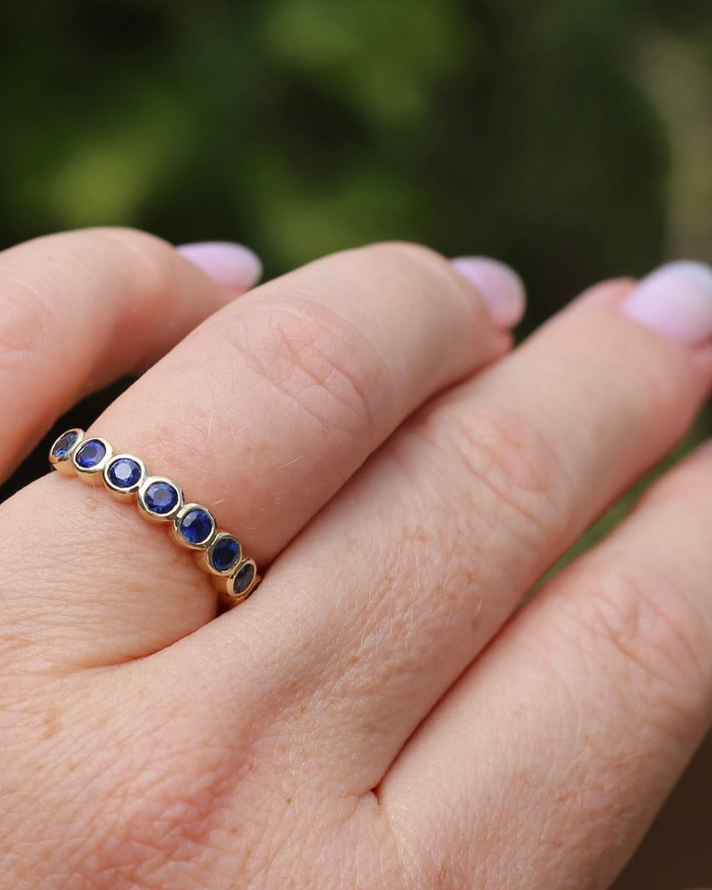 Second Glance - 9 Stone Bezel Set Blue Sapphire Bubble Half Eternity Ring, 9ct Yellow Gold, size N or just over 6.5, 2.80g
