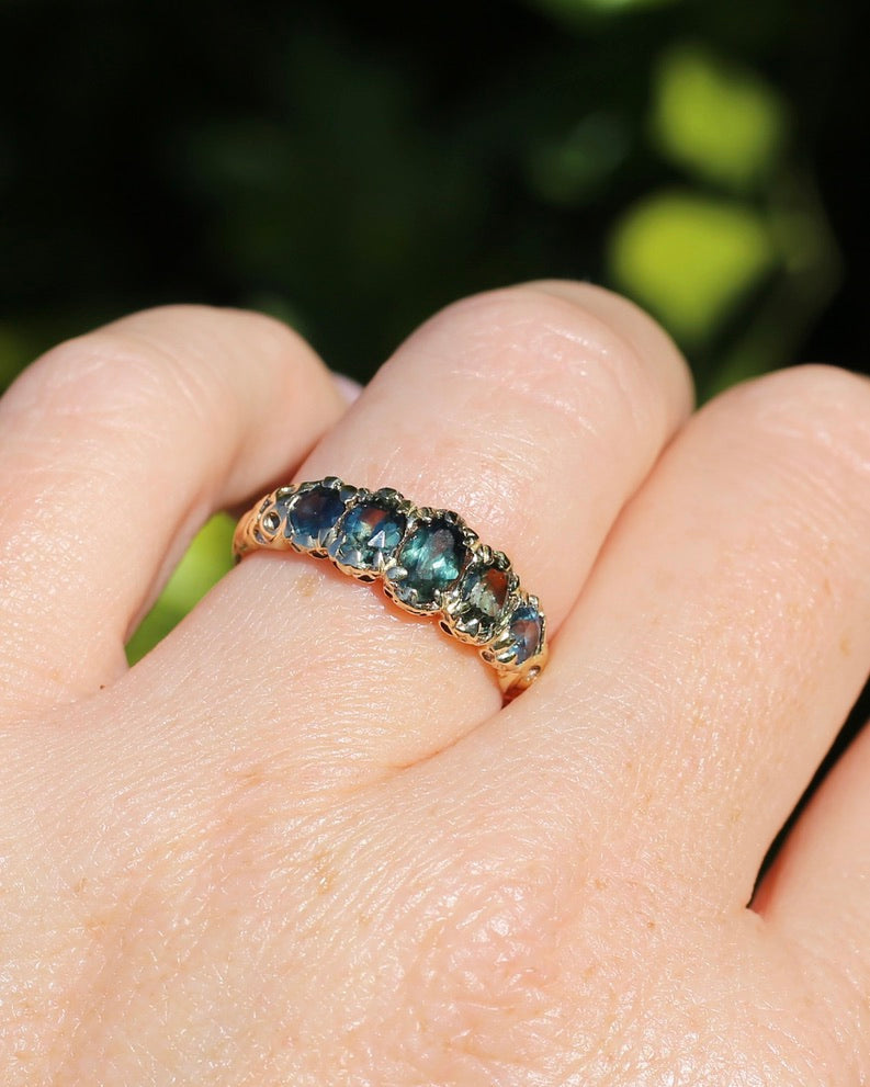 2.08ct Parti Sapphire Five Stone Ring,London Made 1989 9ct yellow Gold, size P1/2 or 8, 3.07g