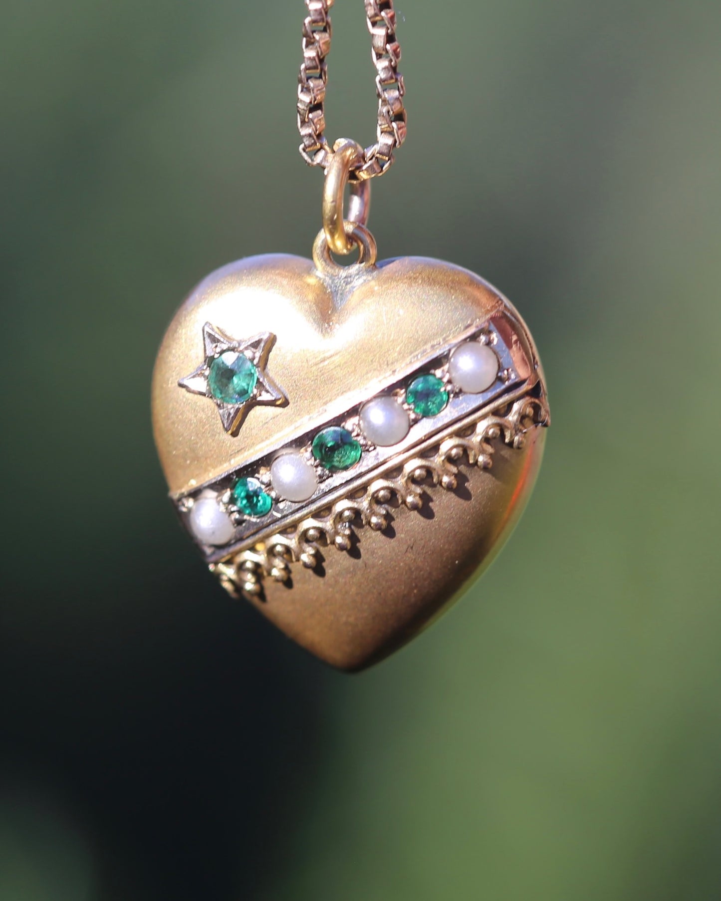Early Australian Aronson & Co Puffy Heart set Pendant with Pearl and Green Gems, 9ct Yellow Gold, 2.59g