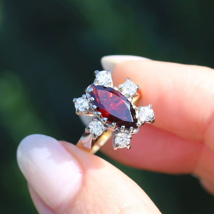 Viking feel Marquise Garnet With 6 Transitional Cut Diamonds, 18ct White and Yellow Gold, size N1/2 or 7