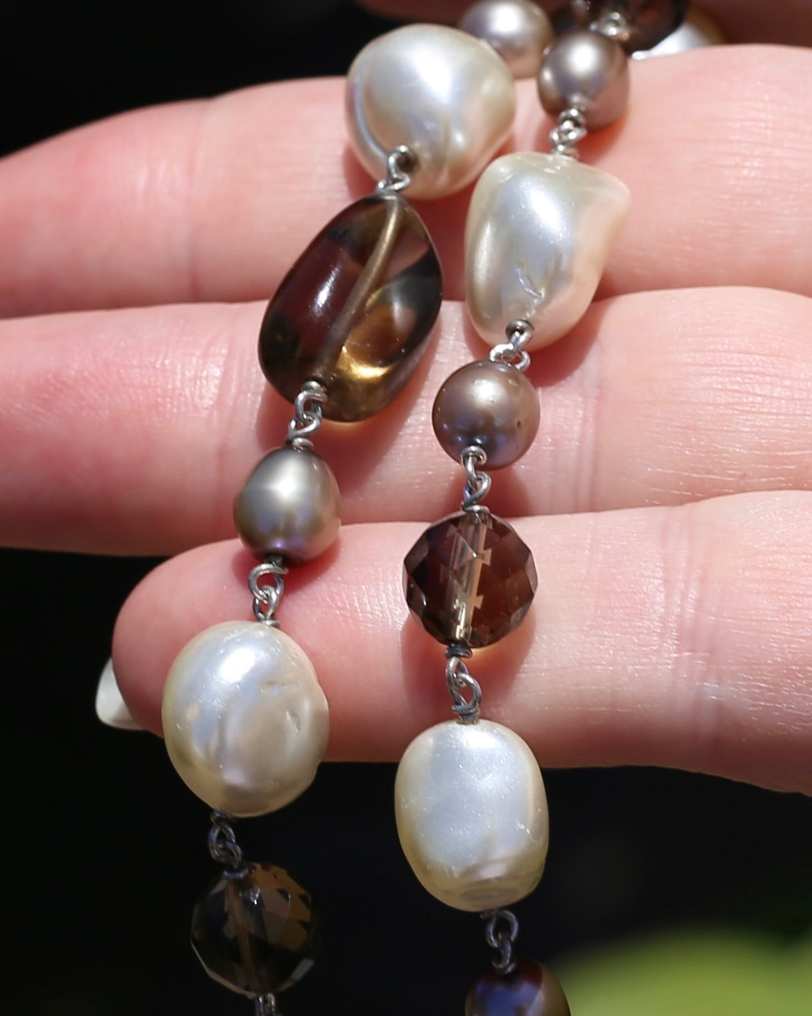 Baroque White Pearl, Grey Pearl and Smoky Quartz Neckalce, Silver Clasp and Findings, 43g