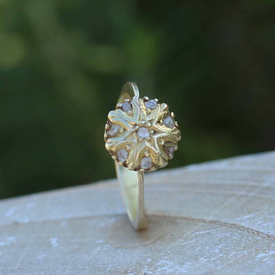 Rustic Handmade Likely Victorian Rose and Table Cut Diamond & Quartz Ring, approx 12ct Yellow Gold, size T or 9.5