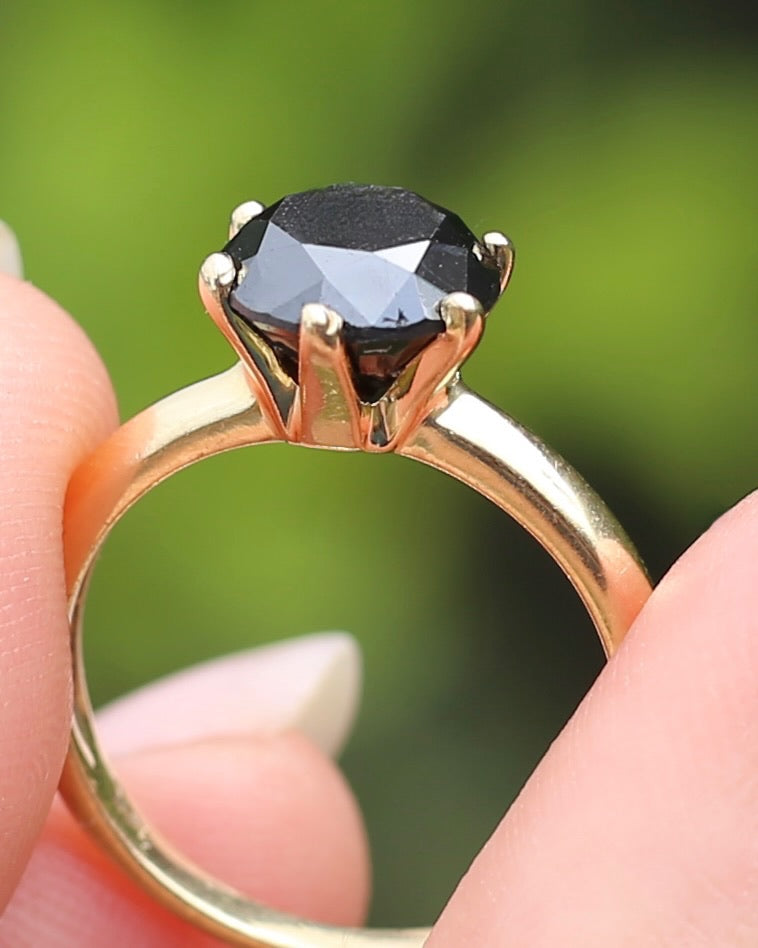 Black Moissanite Solitaire, 6 claw set 14ct Yellow Gold, size N1/2 or nearly 7, 3.63g