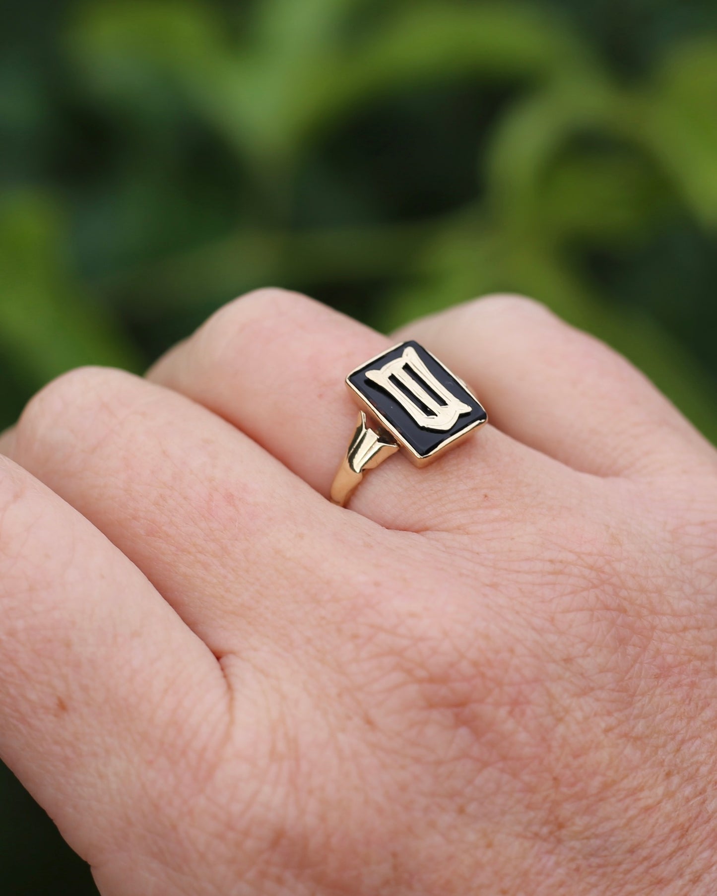 "W/M" Vintage Onyx and 9ct Yellow Gold Signet Ring, 9ct Yellow Gold, size N or 6.75