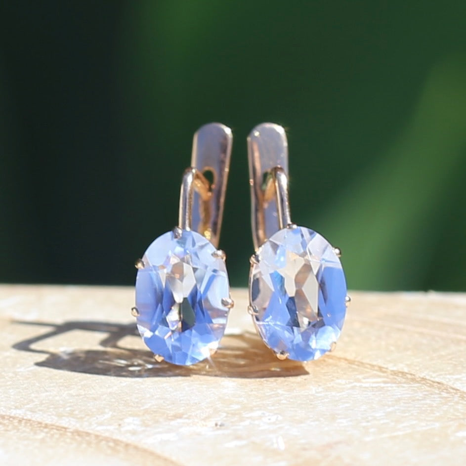 Vintage Russian Pale Lilac Blue Spinel Earrings with Lever Backs, 14ct Rosey Gold, 3.03g