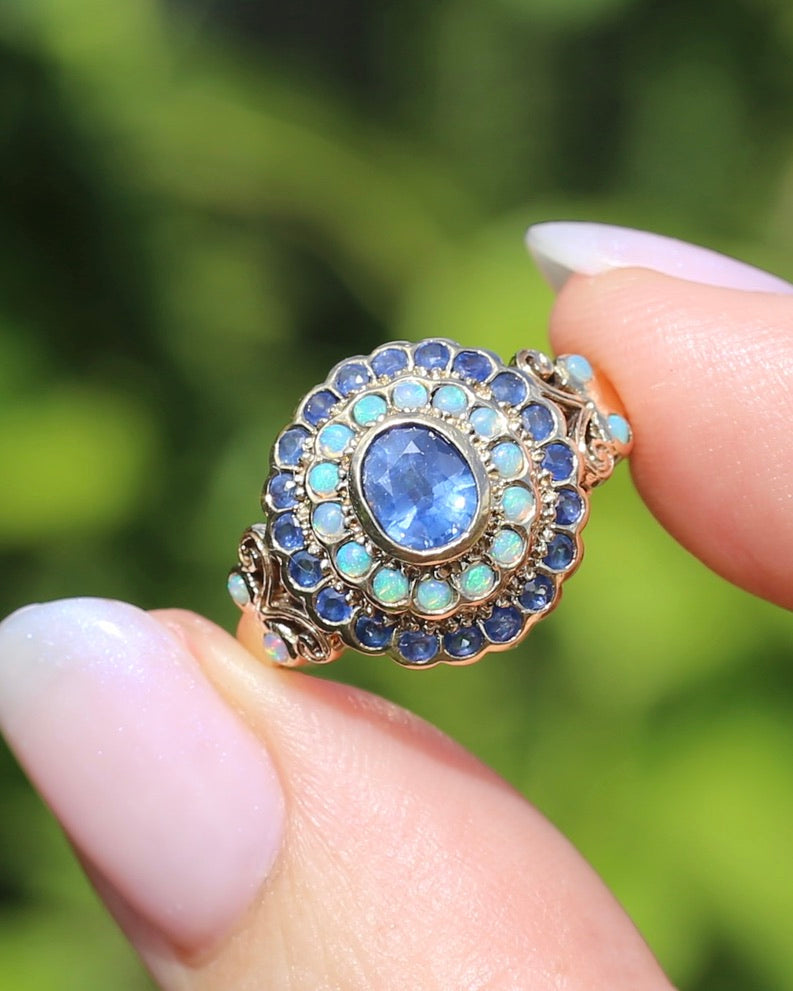 Natural Sapphire and Opal Cluster Ring, 9ct Yellow Gold, size P or 7.5, 4.04g