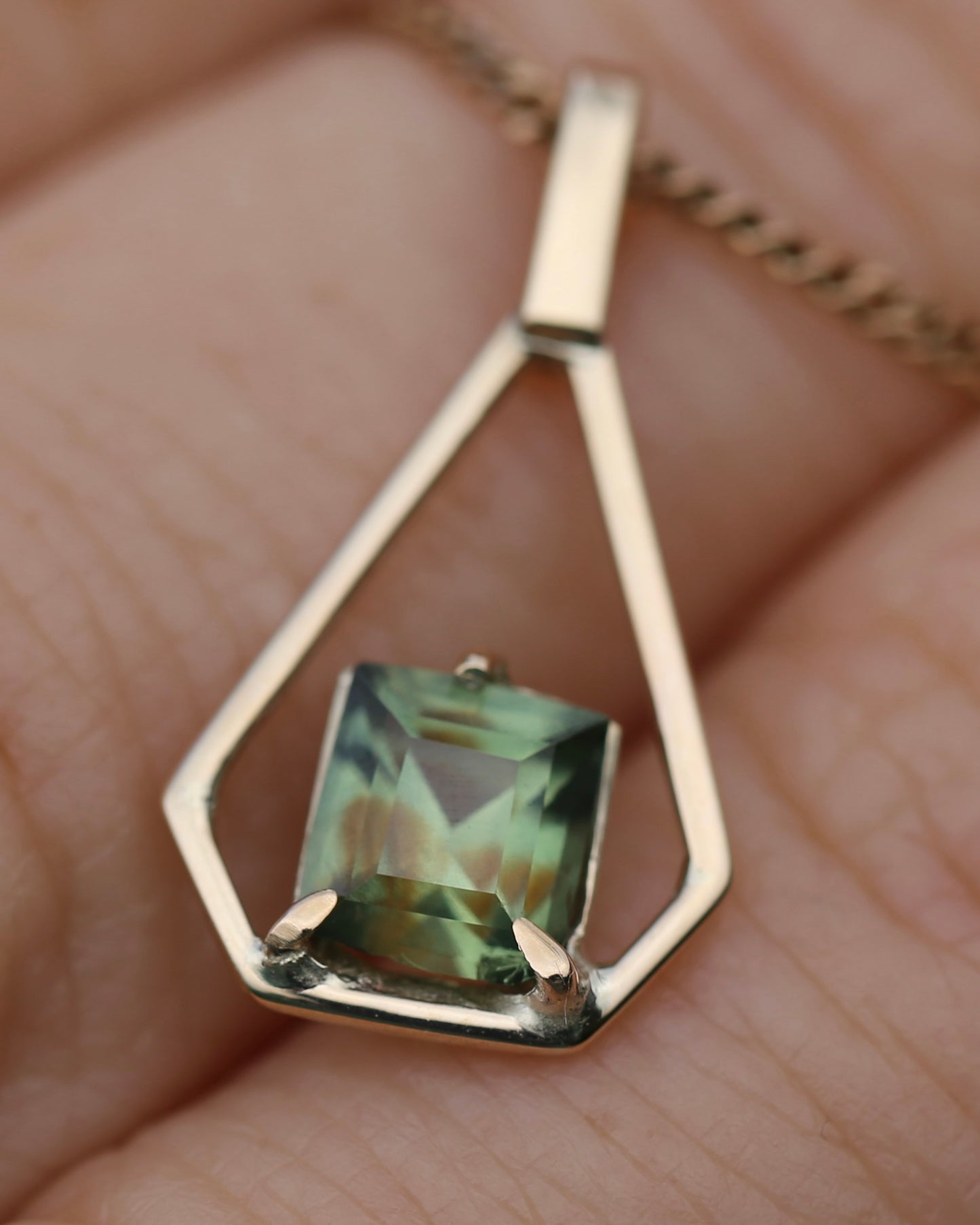 Modified Carre Cut Unheated Green Natural Sapphire in Handmade Vintage Pendant, 9ct Yellow Gold, 0.78g