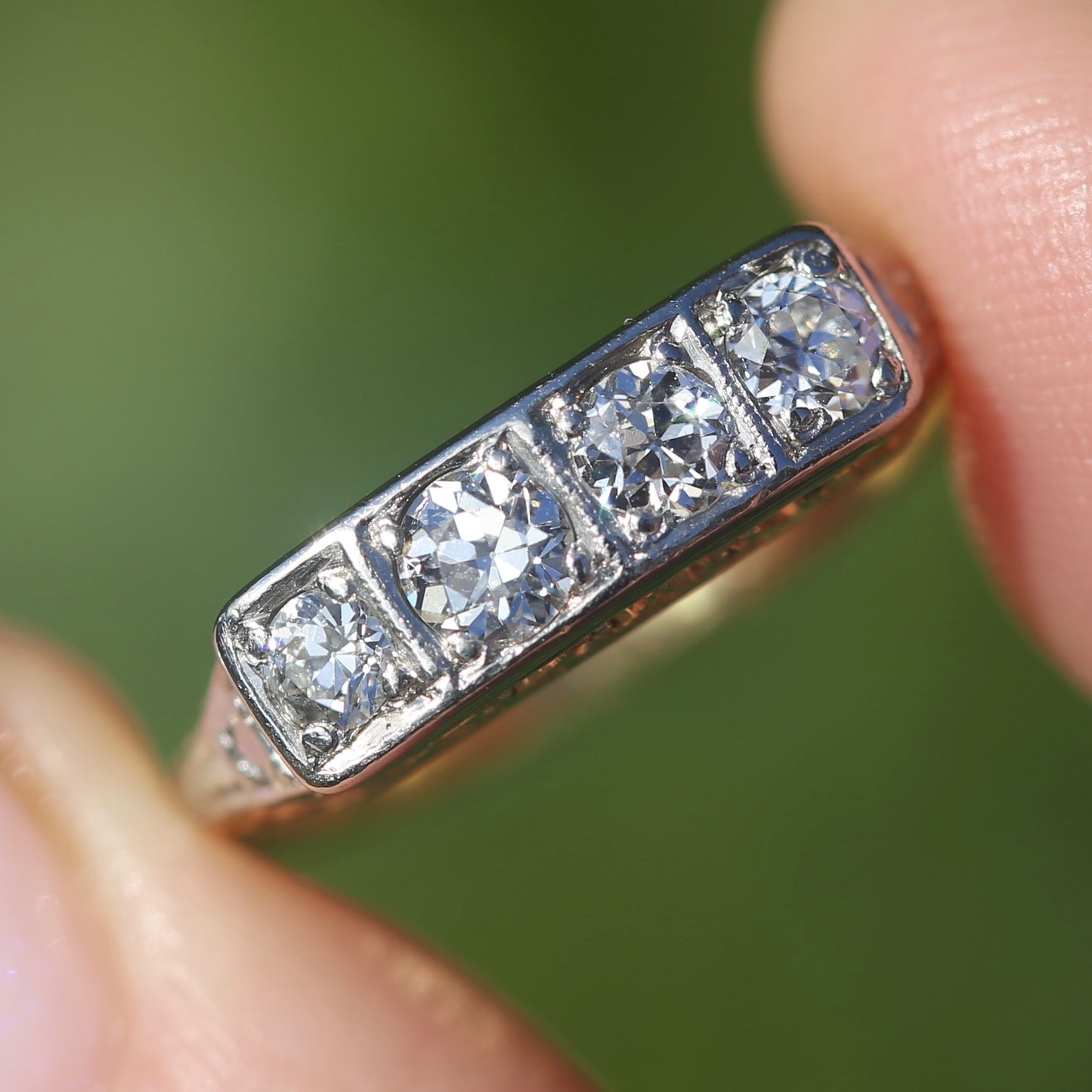 1930s 4 Stone Transitional Cut Diamond Mixed Metal Ring, 18ct Yellow Gold & Platinum, size M or just bigger than 6