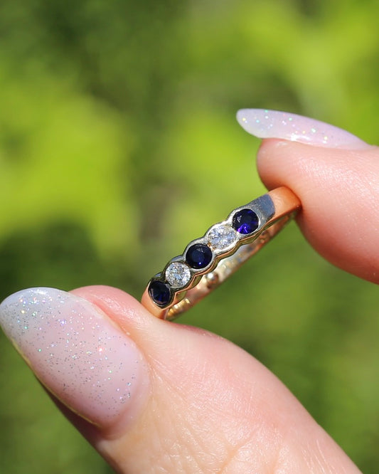 Second Glance - Five Stone Sapphire and Diamond Semi Bezel Ring, 9ct Yellow Gold, approx size N or 6.75 with Arthritis Balls, 2.42g