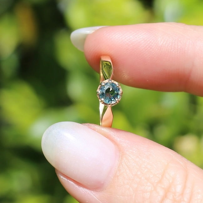 Seafoam Sapphire Solitaire in 8 Claw Setting, 9ct Yellow Gold, size L or just under 5.5