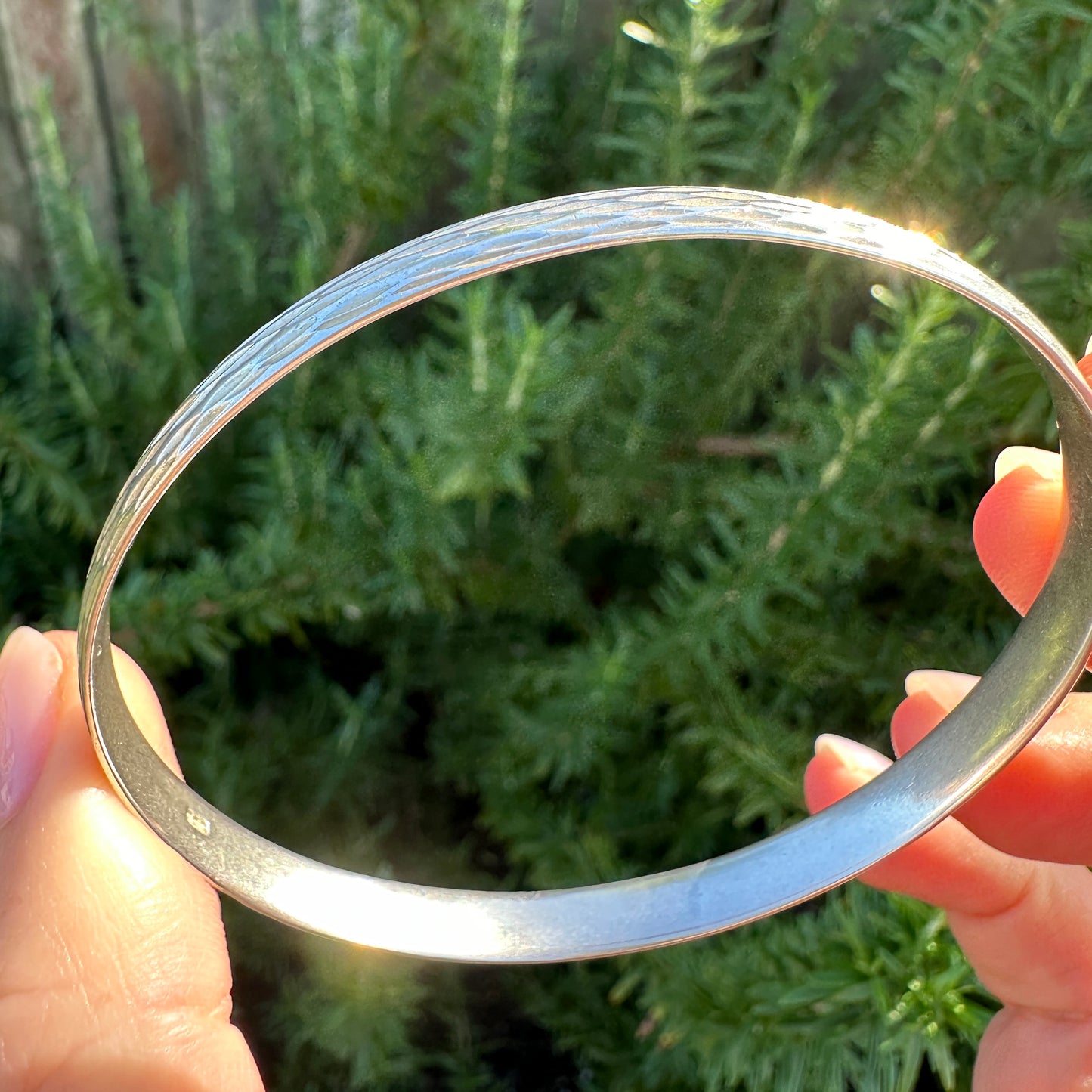 Stylised Engraved Flat Profile Silver Bangle, 16.5g