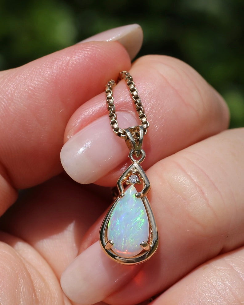 Pear Crystal Opal and Diamond Pendant, 10ct Yellow Gold, 1.5g